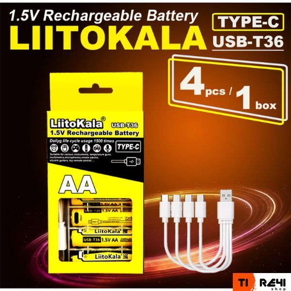 Набір акумуляторів з 4 шт LiitoKala USB-T36 + USB Type-C кабель зарядки USBT364+cable фото