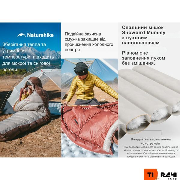 Спальник з натуральним пухом Naturehike Snowbird CNK2550WS014, p-р M, коричневий 400 г 6927595784495 фото
