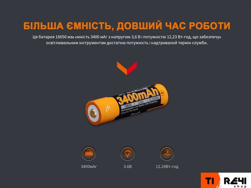 Акумулятор 18650 Fenix (3400 mAh) micro usb зарядка ARB-L18-3400U фото
