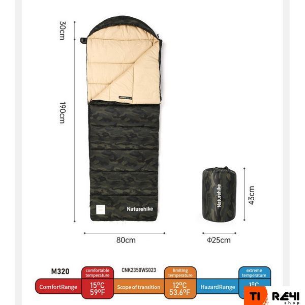 Спальний мішок з капюшоном Naturehike M320 CNK2350WS023, зелений камуфляж, лівий 6975641889199 фото