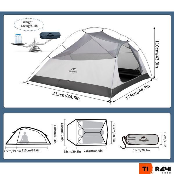 Палатка сверхлегкая трехместная с футпринтом Naturehike Cloud Up 3 UL NH18T030-T-T, 20D, темно-синяя 6927595783290 фото