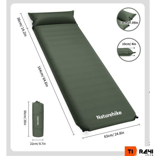 Матрас с подушкой ортопедический одноместный Naturehike CNK2450WS020, самонадувающийся, 200х63х10 см, темно-зеленый 6927595712733 фото